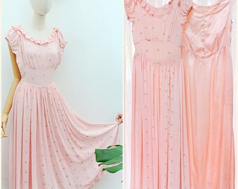 1930s Two piece dress set, 30s Full length gown & slip, Rayon embroidered pastel daywear - XS S