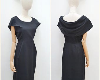 1950s Hardy Amies pencil dress, 50s Cowl back wool wiggle, Tailored designer evening wear - S