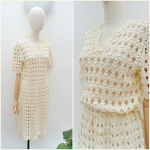 white christmas dresses White See Through Crochet Cover Up Beach Dress with Slits XXL (18-20) / White main image 1