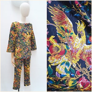 1960s Cockatoo print trouser suit, 60s novelty printed top & pants, Cotton 70s evening two piece - XS