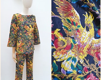 1960s Cockatoo print trouser suit, 60s novelty printed top & pants, Cotton 70s evening two piece - XS