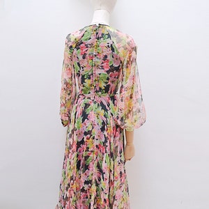 1970s Open sleeve chiffon dress, 70s Floaty keyhole neck eveningwear, Floral pastel balloon sleeve XS image 5