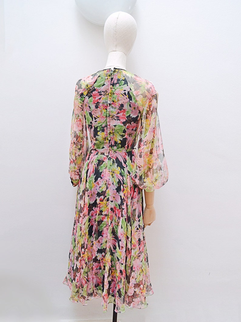 1970s Open sleeve chiffon dress, 70s Floaty keyhole neck eveningwear, Floral pastel balloon sleeve XS image 5