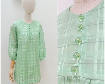 1960s Sateen check shift dress, 60s pastel 3/4 sleeve mini, Mint green party wear - XS
