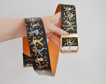 1950s Rock n roll dancer print belt, 50s Painted leather accessory, Mid century womenswear - S M L XL
