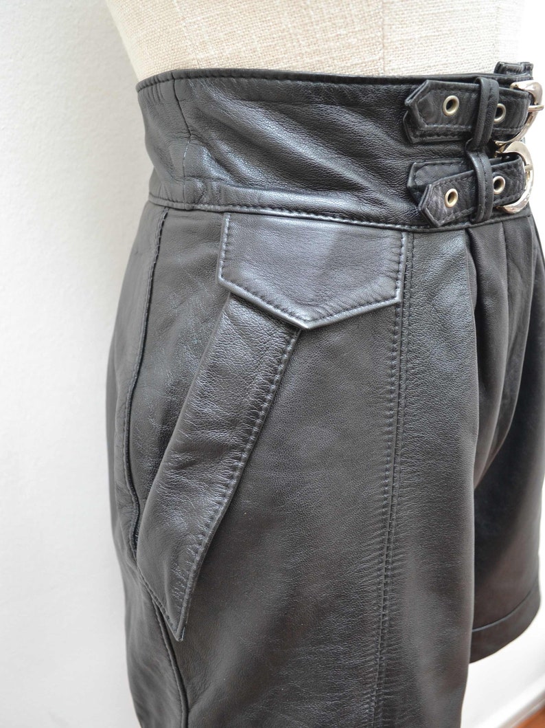 1980s Buckle waist leather shorts, 80s high waisted pleated front, Deep waistband daywearwith pockets S image 2