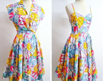 Novelty pineapple fruit print cotton sundress & bolero / 80s does 50s pink yellow blue full circle skirt dress jacket / S