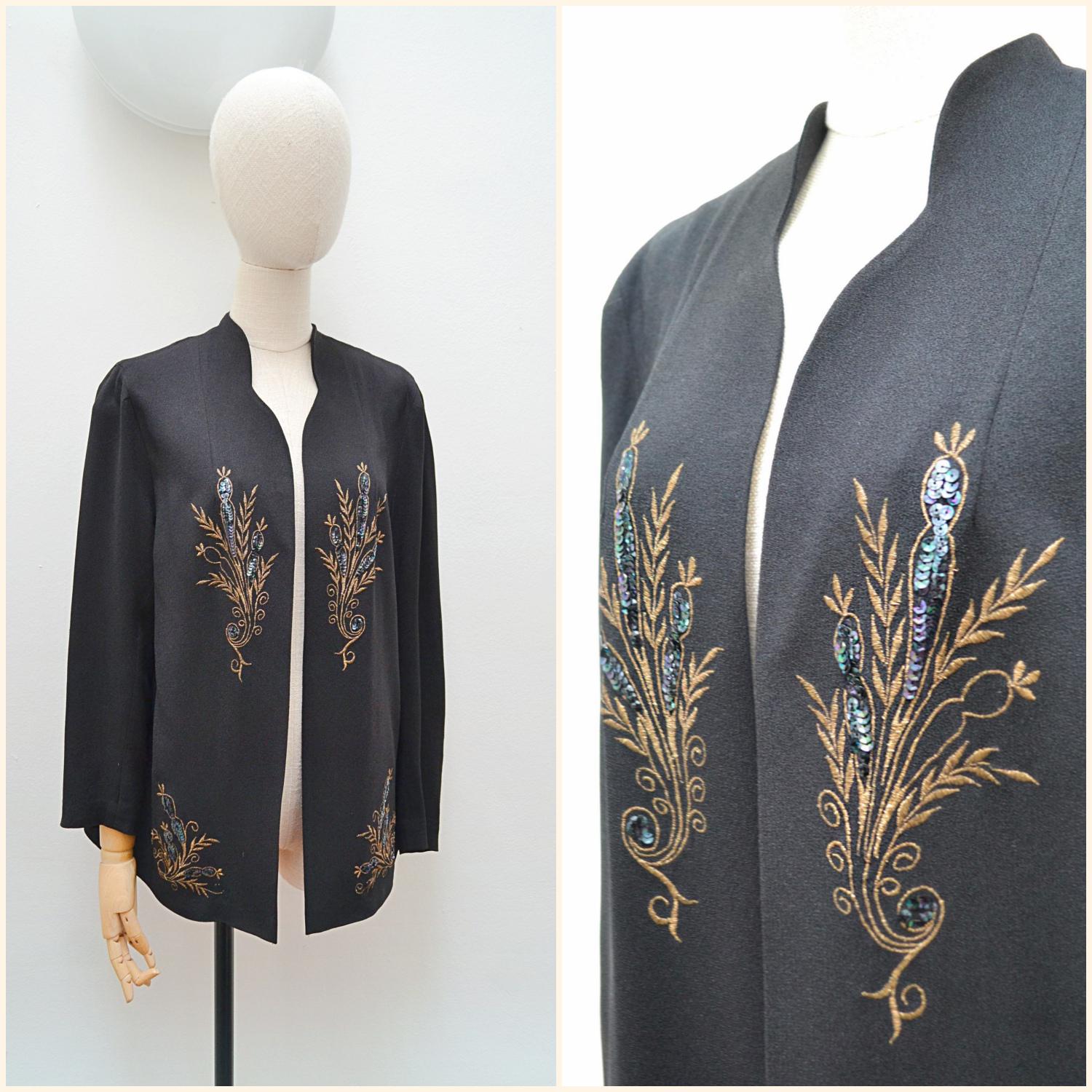 1940s Embroidered lamé crepe jacket, 40s Loose fit sequinned eveningwear, Long sleeve metallic evening coverup - M L