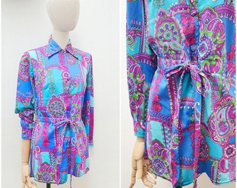 1960s Psychedelic long sleeved tunic, 60s Printed collared long shirt, Bright retro micro mini dress - L