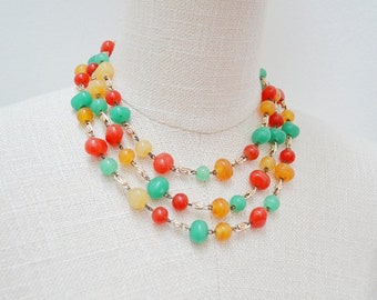 1950s Glass multicoloured bead necklace, Triple strand traffic light choker, 50s 60s bright jewellery