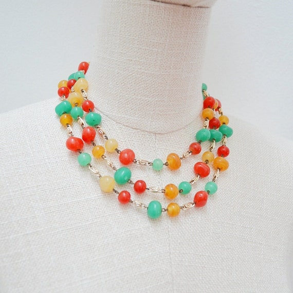 1950s Glass multicoloured bead necklace, Triple s… - image 1