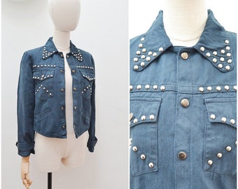1970s 80s collectible Marshall Lester studded light denim jacket / 1980s designer rodeo inspired off black cotton stud shirt - S M