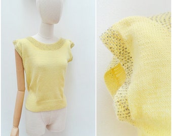 1950s Beaded neck sweater top, 50s soft sleeveless knit, Handknitted yellow jumper - M L