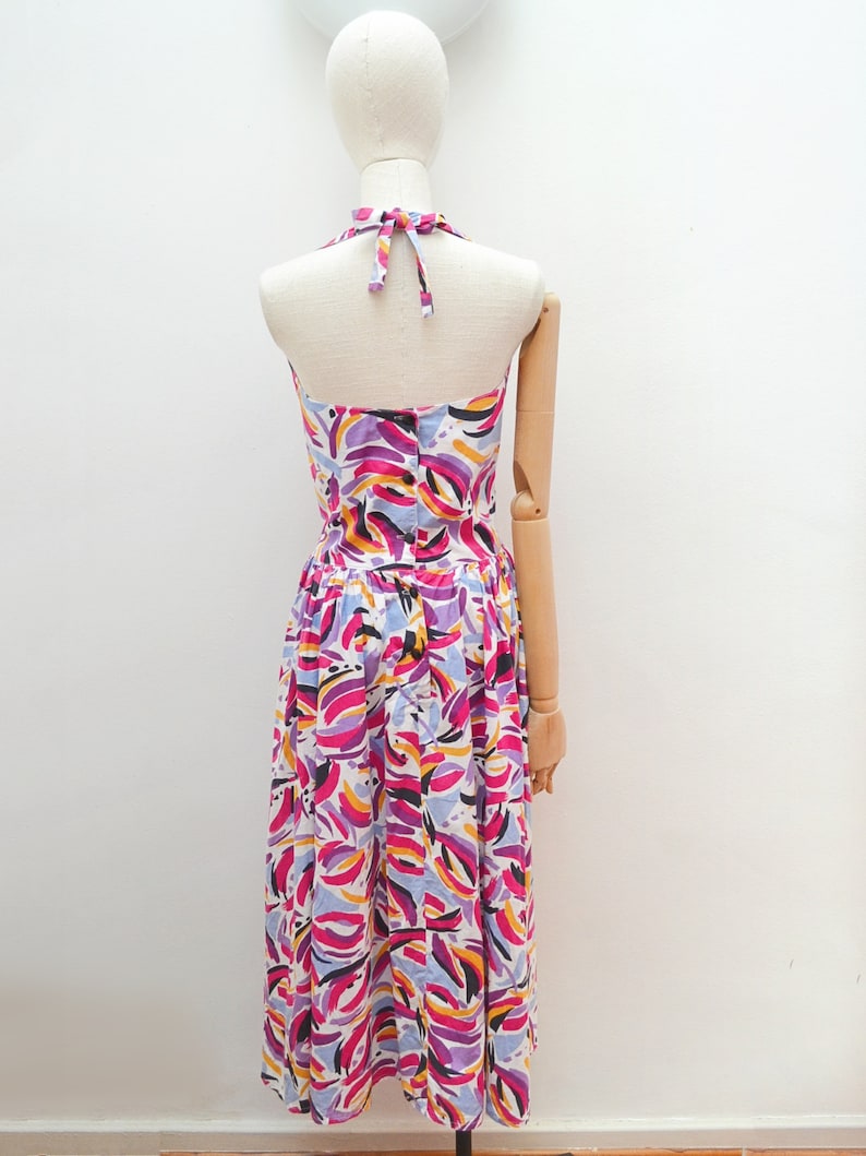 1980s Abstract cotton halterneck sundress, 80s Printed bright full skirt, summer dress with pockets, Small image 7