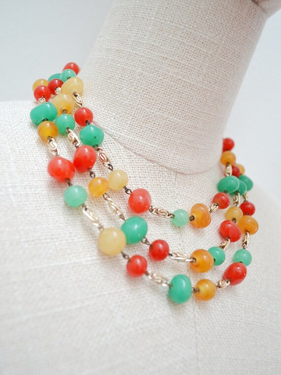 1950s Glass multicoloured bead necklace, Triple s… - image 3