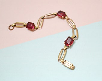 1930s Dark red glass bracelet, 1940s gemstone chain link jewellery, Art Deco brass