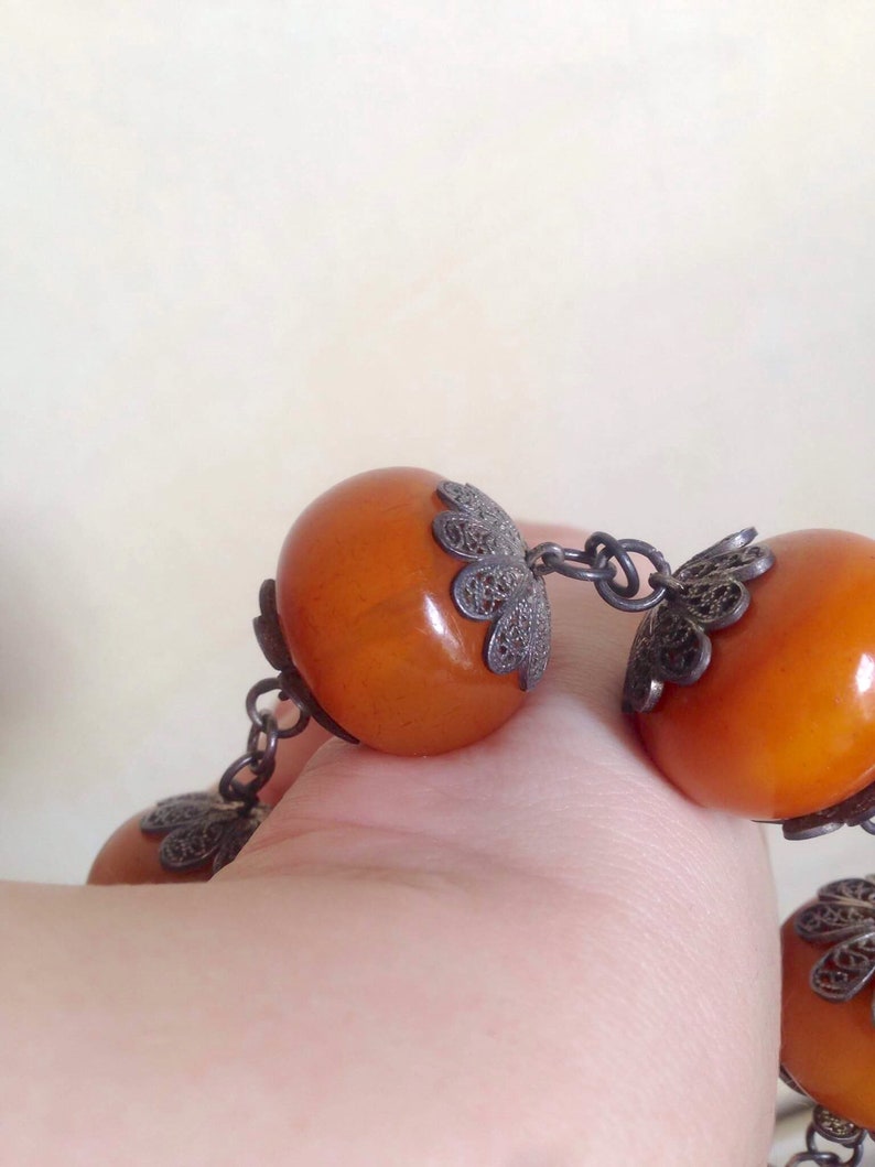1930s marbled butterscotch Bakelite /& metal bead bracelet 30s faux Amber filigree silver chunky Catalin bracelet