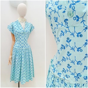 1950s Broderie anglais print cotton dress, 50s Full skirt dropped waist sundress, Bright summer daywear - S