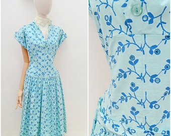 1950s Broderie anglais print cotton dress, 50s full skirt dropped waist sundress - S