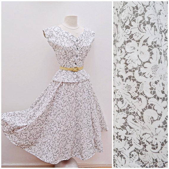 1950s White & grey lace print two piece skirt fitt