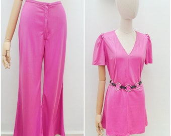 1960s Wetlook flared trouser set, 60s Slinky pvc jersey wide leg, bellbottom tunic dress suit, London Mob Carnaby St - S