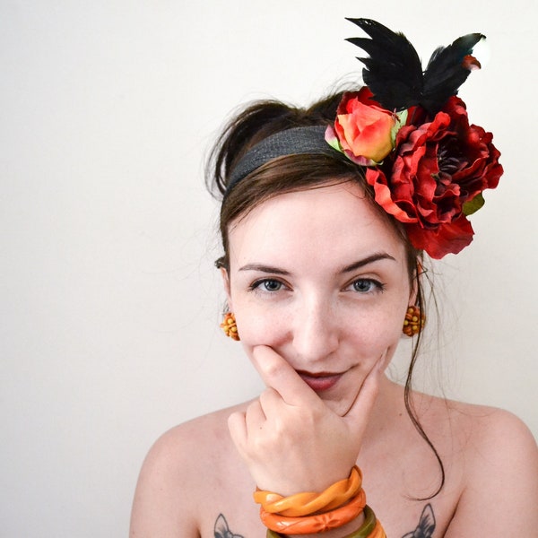 Peony feather flower wide headband, Dark floral winged headpiece, Sinamay statement head wear