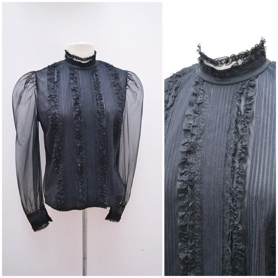 1960s Black nylon ruffle high neck long sleeved bl