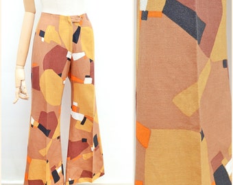 1970s Printed flared trousers, 70s cotton abstract print loons, Groovy daywear - XXS