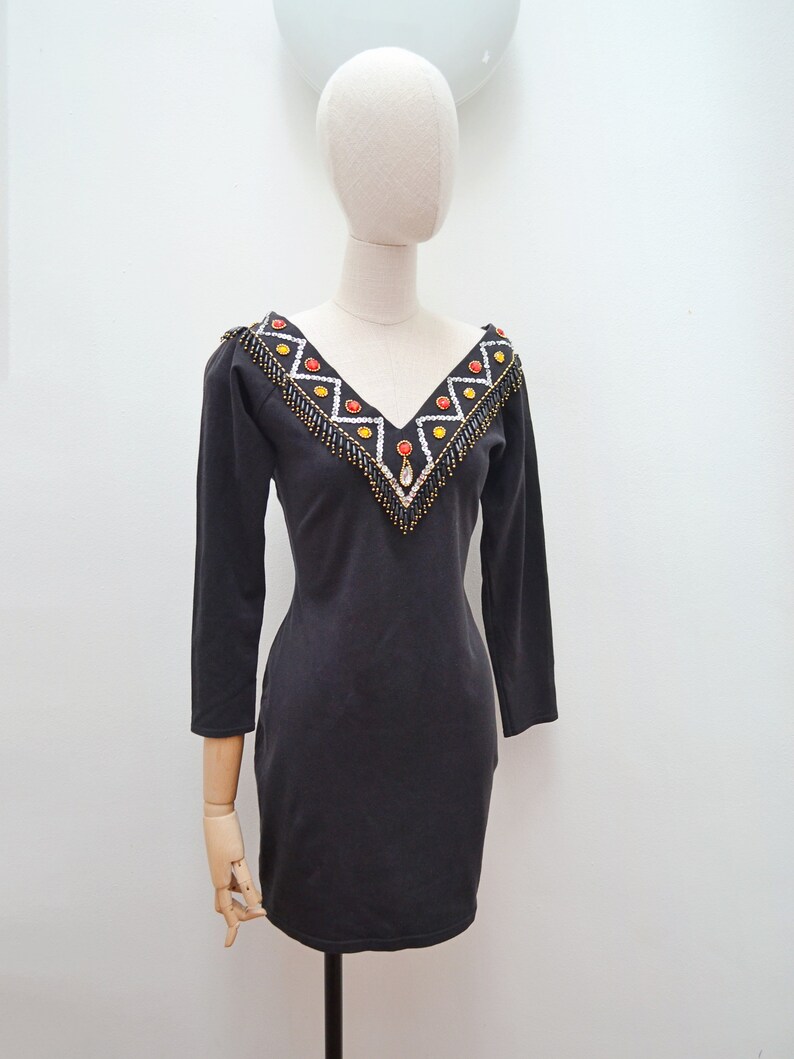 1980s Sequin bead fringed dress, 80s Bodycon gemstone mini, 90s tight cocktail dress L image 9