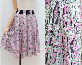 1940s Novelty print silk skirt, 40s pink black flared midi, Velvet ribbon light day wear - M