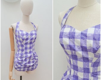 1950s Purple check print cotton ruched swimsuit / 50s Aquapoise white gingham halterneck shirred bathing costume - S