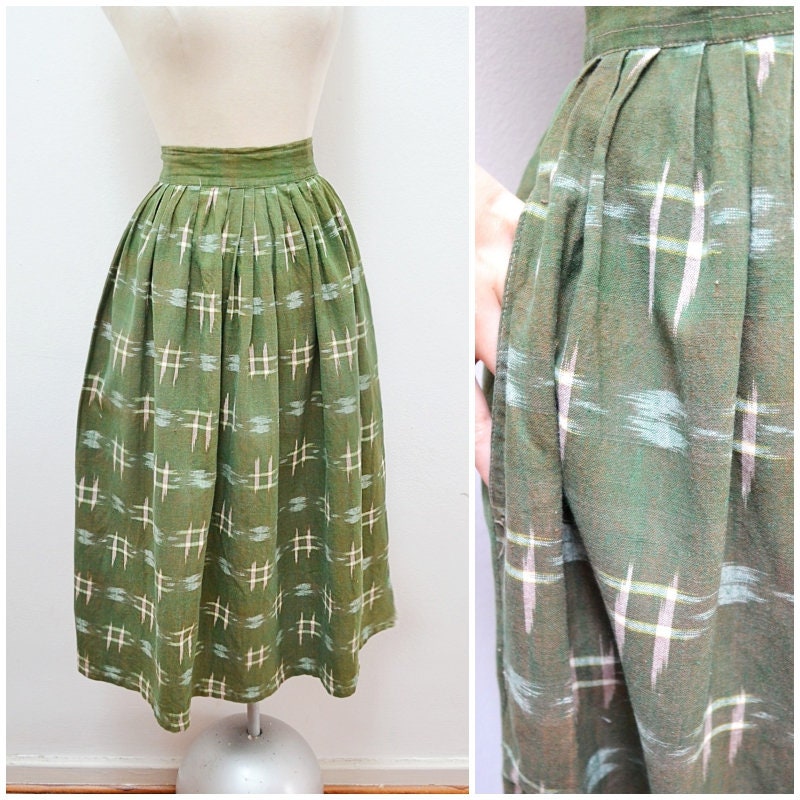 Image of S Does S Olive Green Kasuri Cotton Pleated Skirt With Pockets/S Style Miss Selfridge Full Day - S