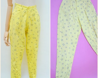 1980s Printed cotton summer trousers, 80s High waist tapered pants, 90s bright light daywear - XS