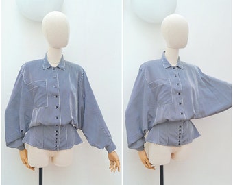 1980s Batwing sleeve pinstripe blouse, 80s Low dolman day shirt, Stripy Wallis light daywear - S M