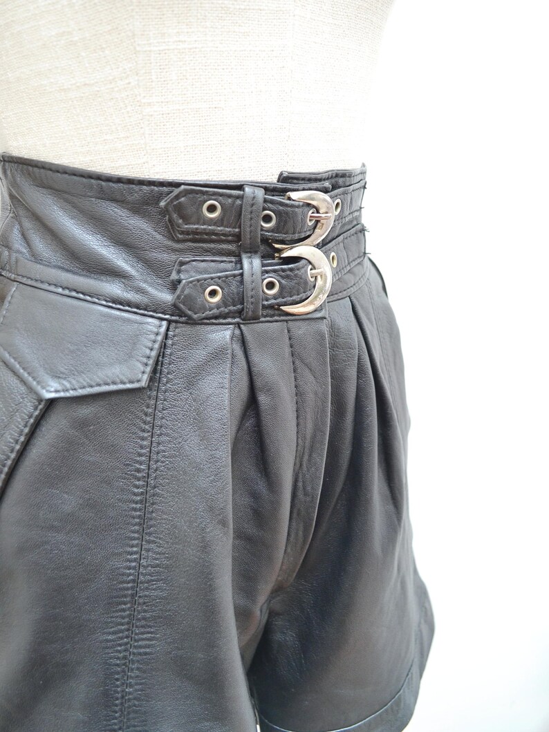 1980s Buckle waist leather shorts, 80s high waisted pleated front, Deep waistband daywearwith pockets S image 5