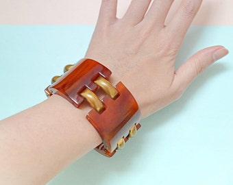 1930s Bakelite huge link bracelet, 30s Catalin & metal large bangle, Faux tortoiseshell Art Deco jewellery