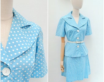 1970s Cotton short sleeved skirt suit, 70s does 40s summer set, Puffed sleeve A line - M