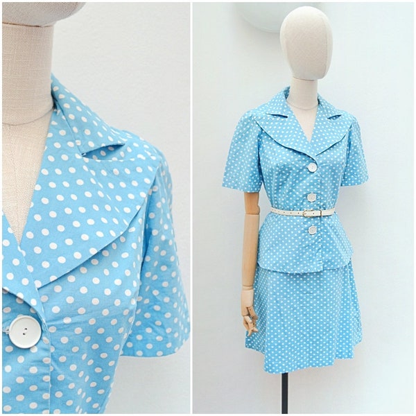 1970s Cotton short sleeved skirt suit, 70s does 40s summer set, Puffed sleeve A line - M