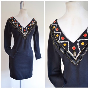 1980s Sequin bead fringed dress, 80s Bodycon gemstone mini, 90s tight cocktail dress L image 5