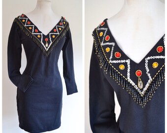 1980s Bodycon black mini dress with fringed beading gems & sequins / 80s 90s Bi Axident wide V neck tight beaded cocktail dress - L