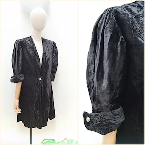 1930s Silk velvet evening jacket, 30s Puffed shoulder short sleeve, Embroidered collared light coat - L XL