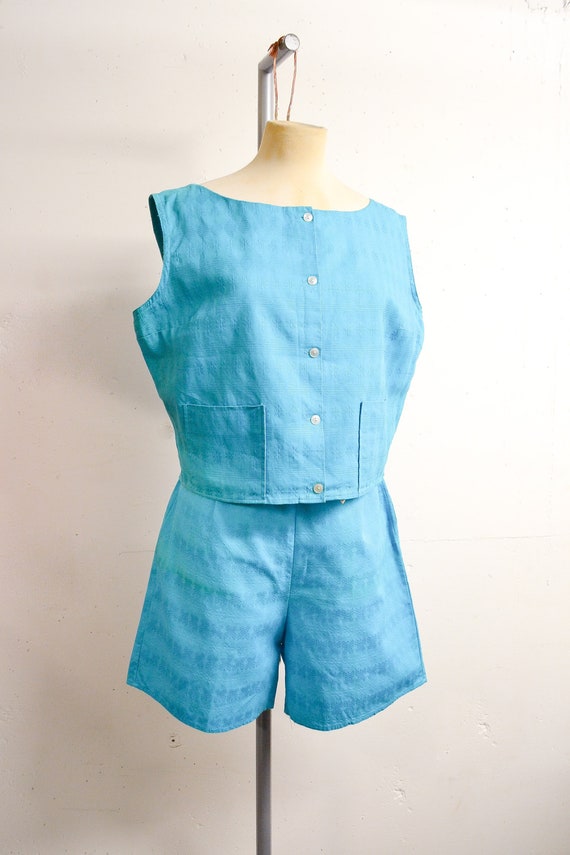 1950s Turquoise blue cotton shorts & top sun set /