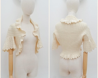 1930s Frilled hand knitted bolero, 30s Bell sleeve cardigan top, short sleeved lounge nightwear - XS S