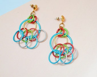 1980s Coloured hoop tiered dangle earrings, 80s spiral spring drop pierced studs