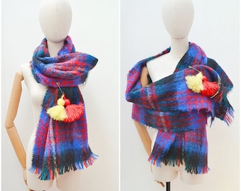 1960s Huge tartan mohair scarf, Wrap with handmade tassel kilt pin, Reworked vintage red blue shawl