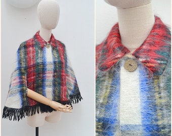 1970s Mohair check collared cape, 70s Scotch House wool poncho, fluffy tartan checked jacket - XS