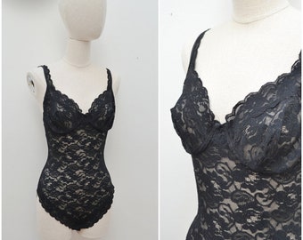 1980s Lace high leg bodysuit, 80s snap crotch underwired lingerie, St Michael all in one - S 36 B