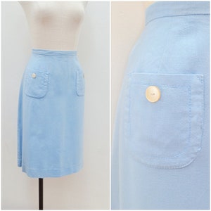 1960s Pale blue day skirt, 60s St Michael straight skirt, Pocket rayon cotton knee length L XL image 1