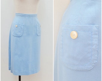 1960s Pale blue day skirt, 60s St Michael straight skirt, Pocket rayon cotton knee length - L XL