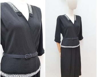 1940s Beaded rhinestone peplum dress, 40s black rayon crepe eveningwear, 3/4 length long sleeve - L